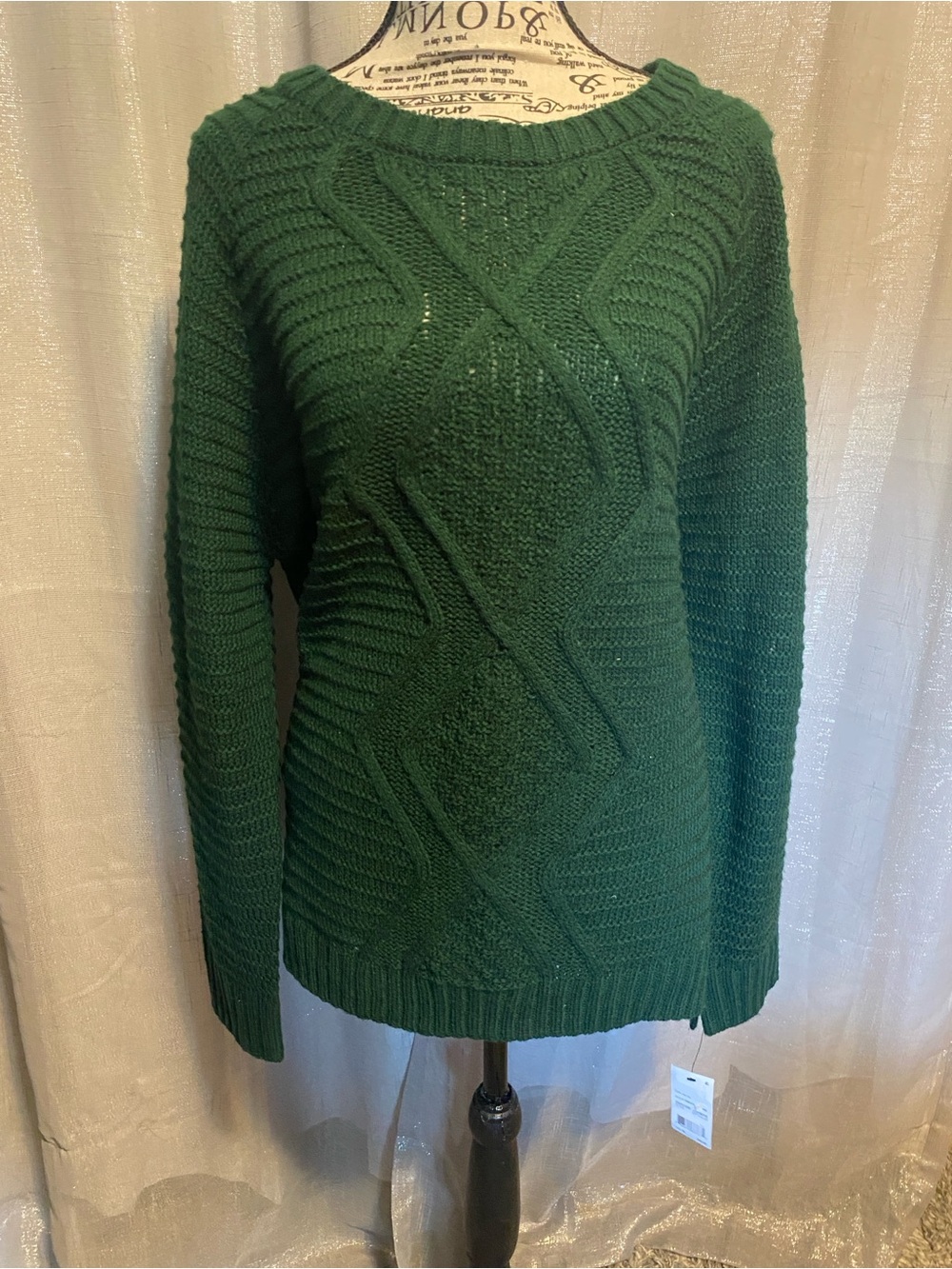 NY Collection Dark Green Cable Knit Crewneck Sweater